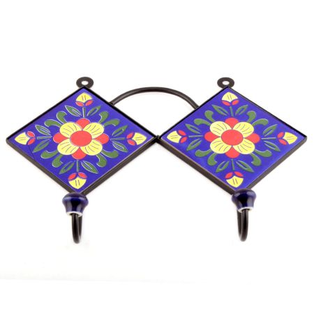  Navy Blue And Yellow Ceramic Floral Tiles Hooks